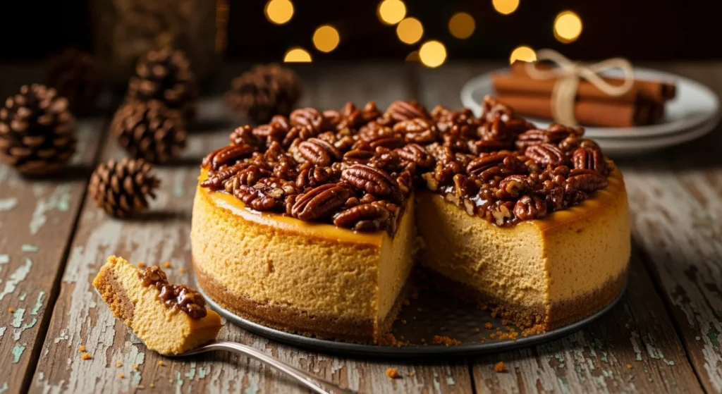 Spiced Pumpkin Cheesecake with Pecan Praline Topping