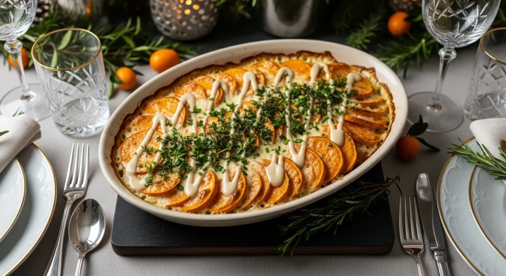 Sweet Potato Gratin with Tahini Drizzle