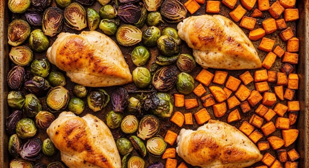 Sheet Pan Chicken with Brussels Sprouts & Sweet Potatoes