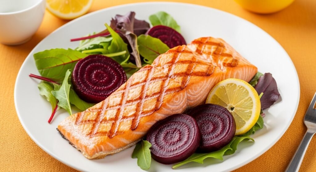 Grilled Salmon with Roasted Beets & Greens