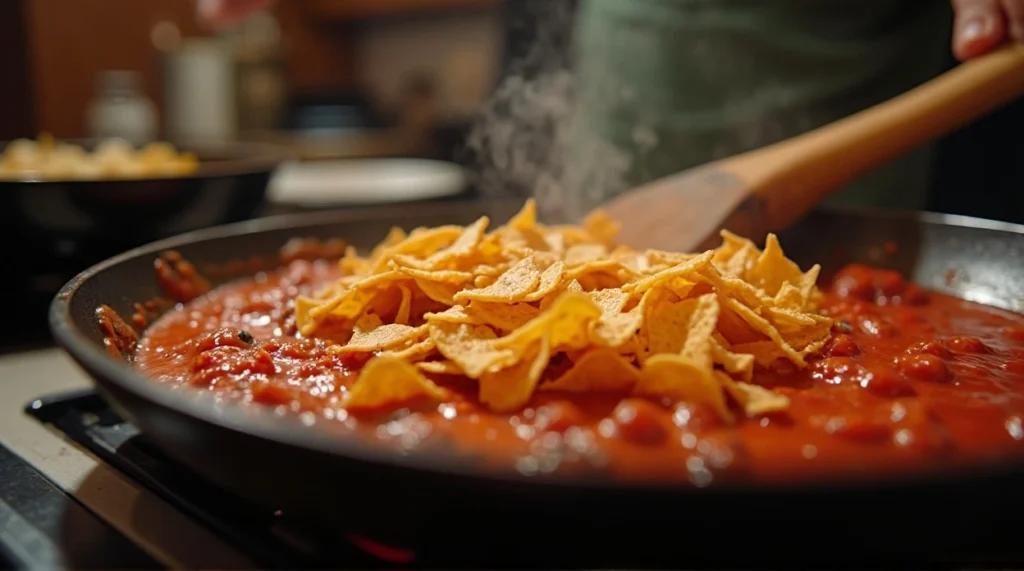 Authentic Chilaquiles Rojos cooking