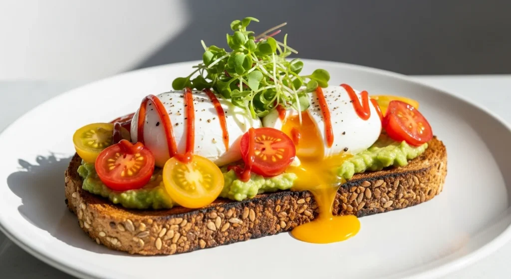 Avocado Toast Upgrade with Poached Eggs and Sriracha