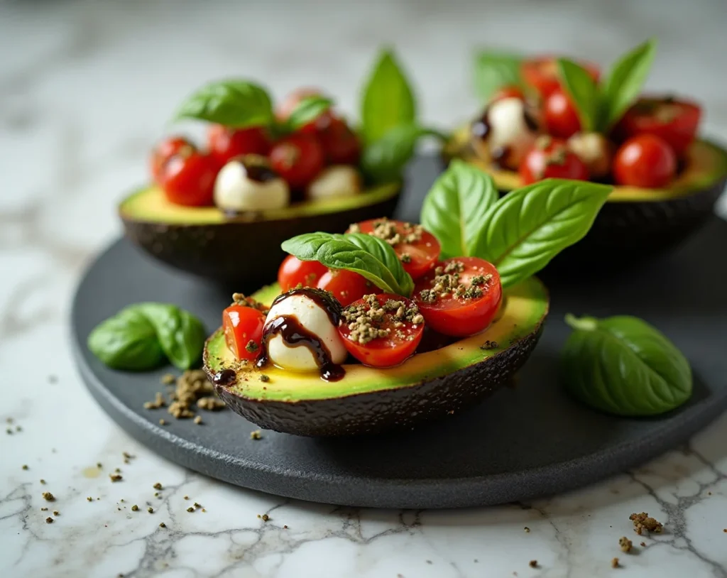 Caprese Avocado Boats with Basil Pesto