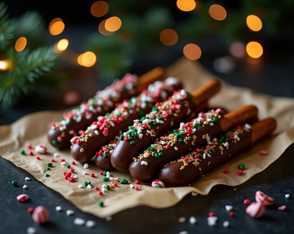 Chocolate-Dipped Pretzel Rods with Festive Twists