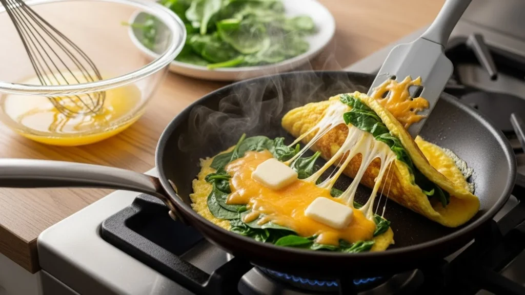 Keto Omelette with Spinach and Cheddarmakin process