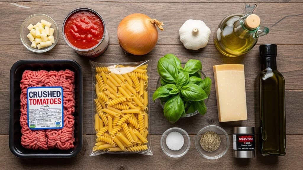 One-Pot Ground Beef Pasta just ingredients