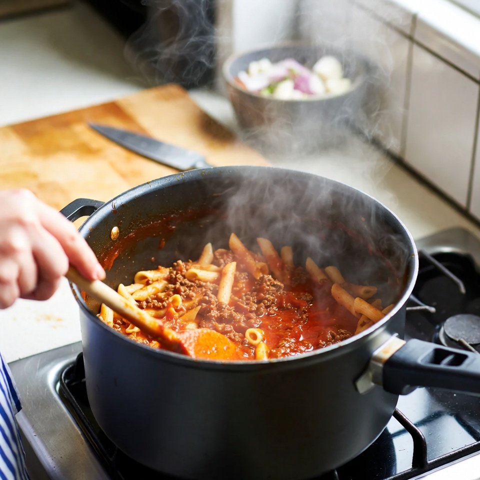 One-Pot Ground Beef Pasta mid process