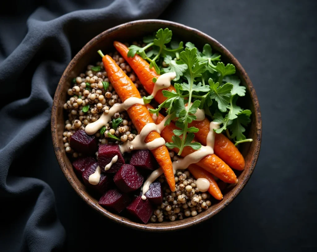 Quinoa Bowl with Roasted Spring Veggies and Tahini Dressing