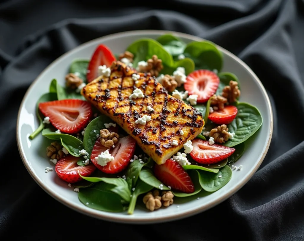 Strawberry Feta Spinach Salad with Grilled Halloumi