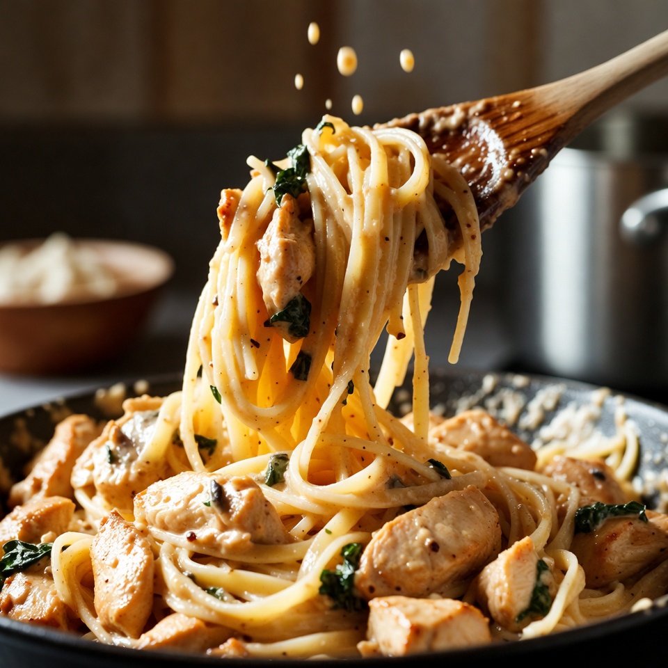 creamy chicken pasta cooking
