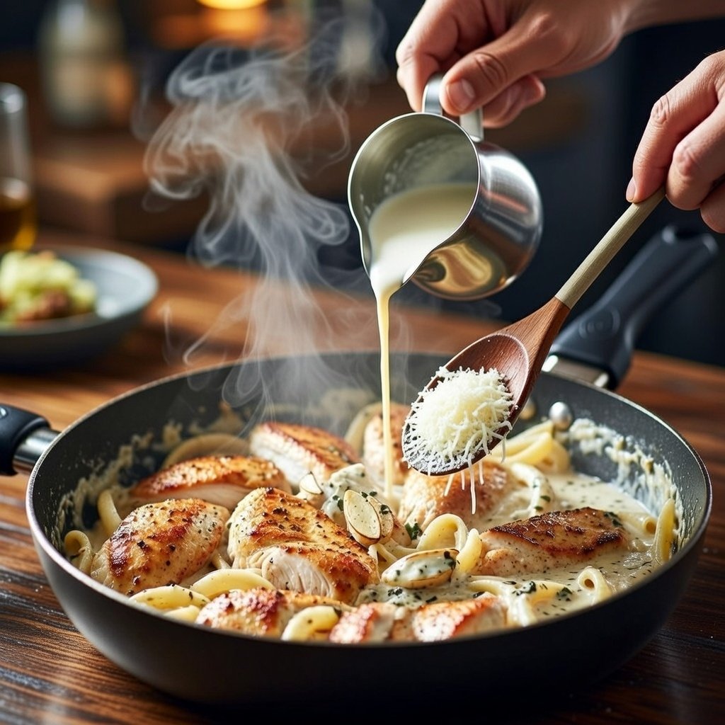 creamy chicken pasta cooking