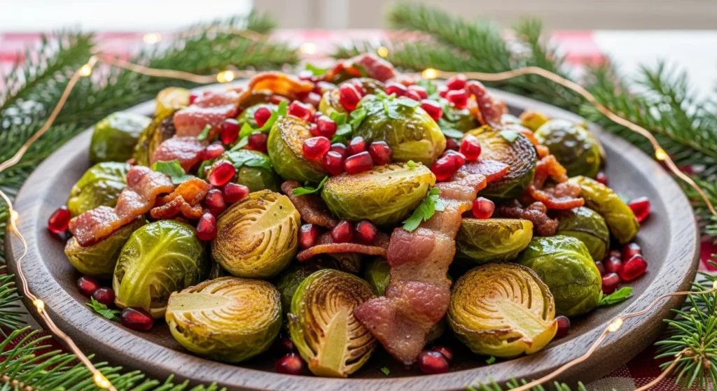 Crispy Roasted Brussels Sprouts with Bacon & Pomegranate