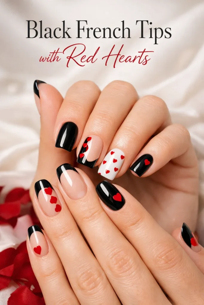 Black French Tips with Red Hearts