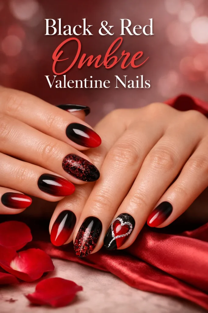 Black & Red Ombre Valentine Nails