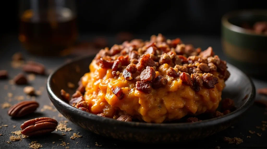 Bourbon Sweet Potato Casserole with Bacon Pecans