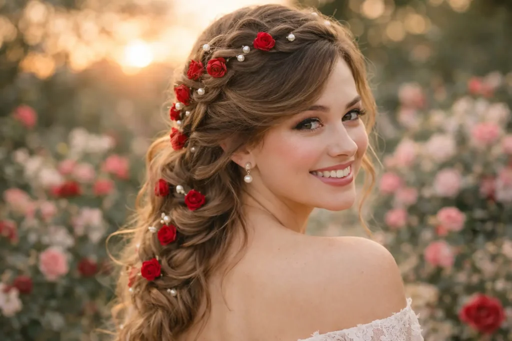 Braided Crown Loose Side Braid with Roses