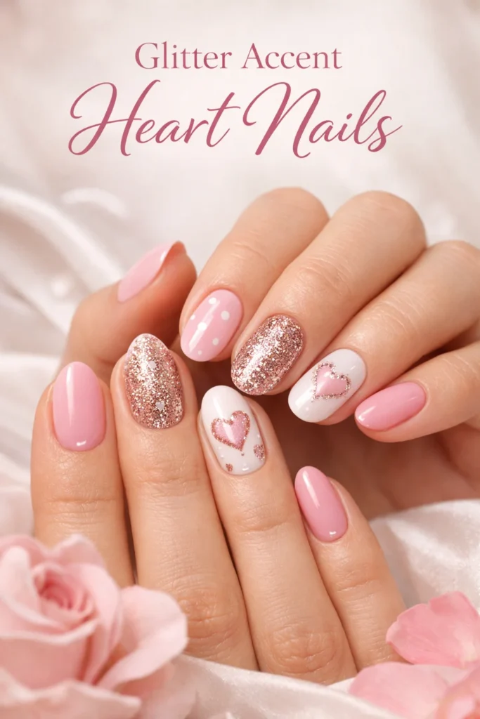 Glitter Accent Heart Nails
