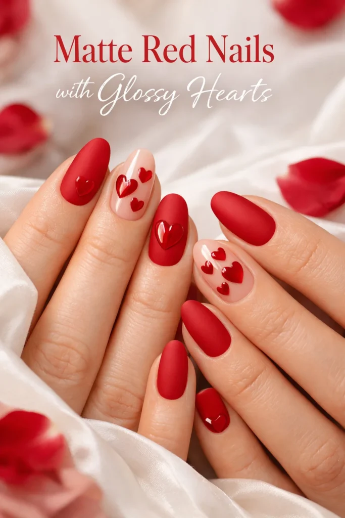 Matte Red Nails with Glossy Hearts