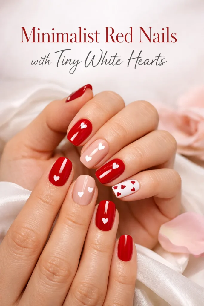 Minimalist Red Nails with Tiny White Hearts