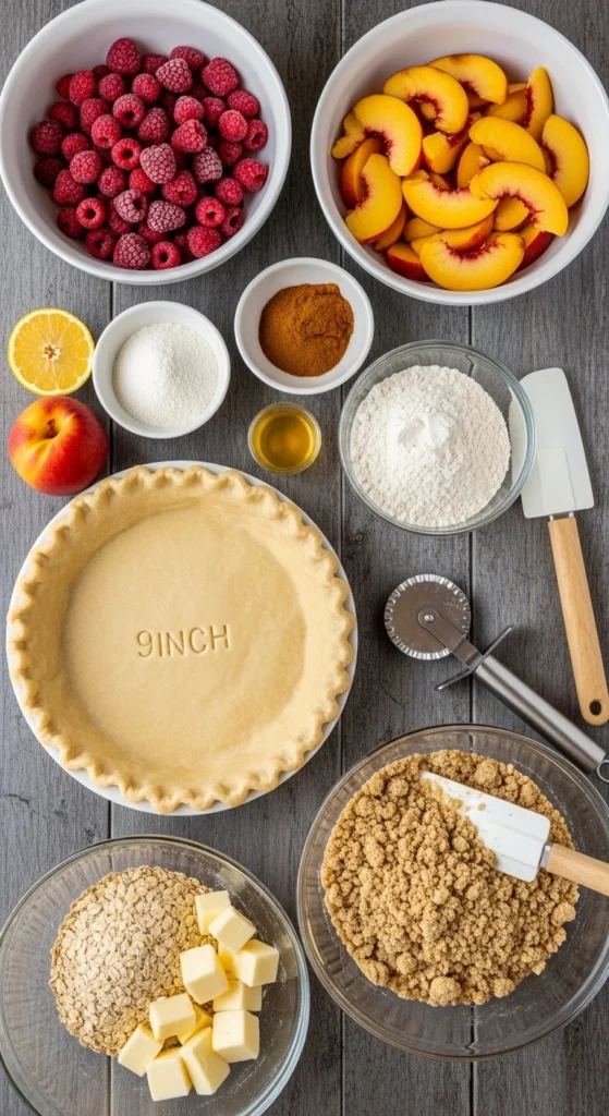 Peach Raspberry Crumble Pie cooking