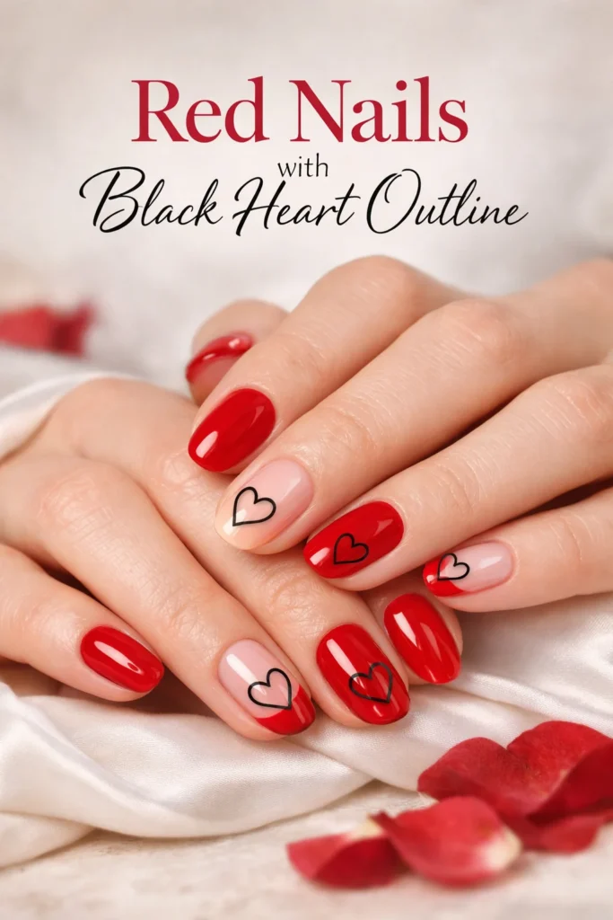 Red Nails with Black Heart Outline