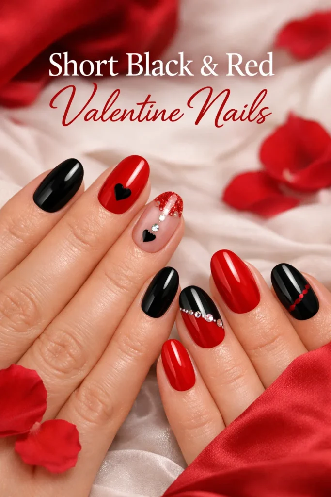 Short Black & Red Valentine Nails