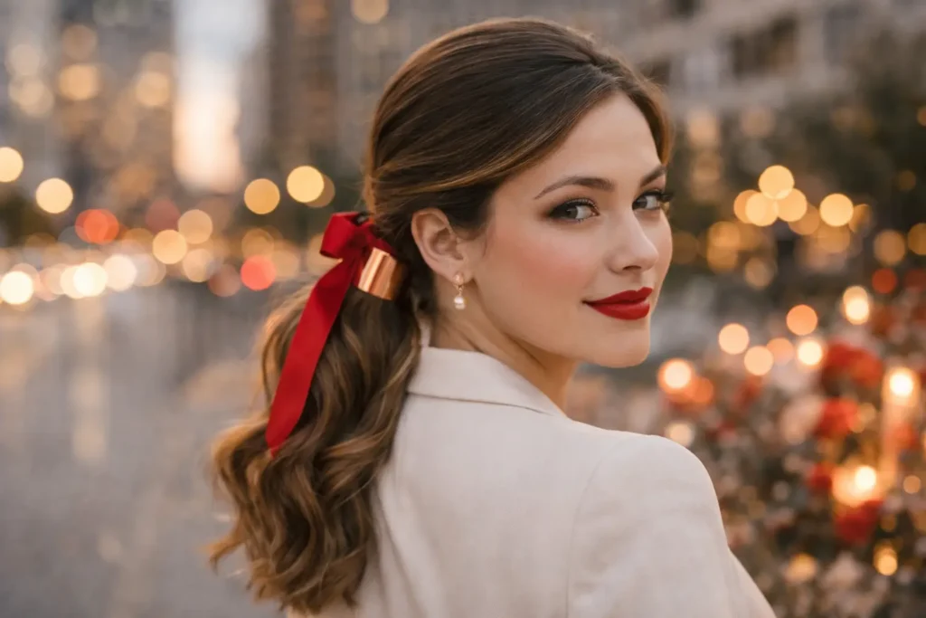 Sleek Low Ponytail with Soft Waves –