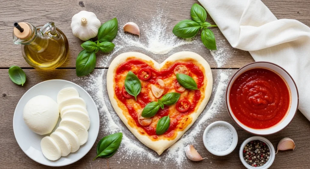 heart-shaped Margherita pizza ingredents