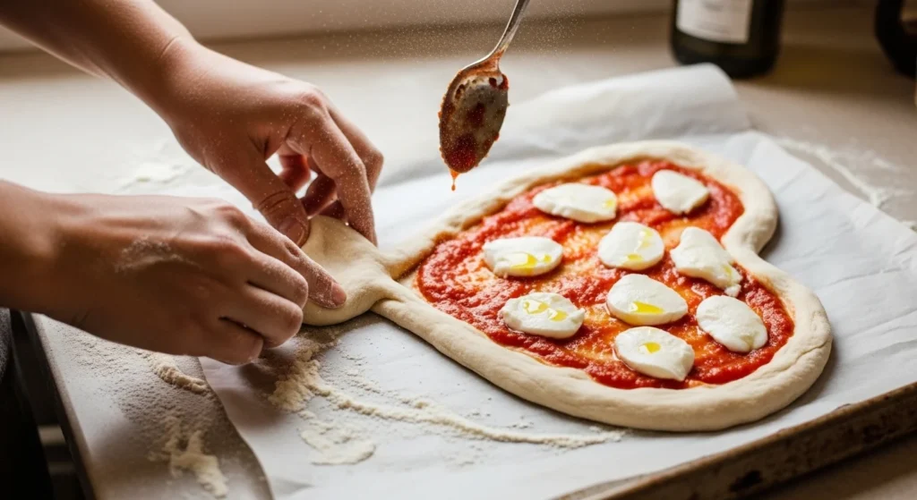 heart-shaped Margherita pizza making process