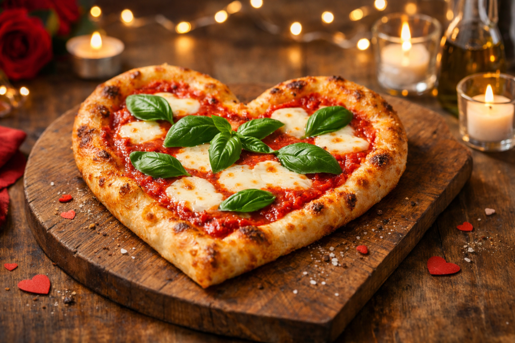 heart-shaped margherita pizza